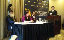 The Libertarian Party of Michigan 2019 Presidential Debate. From Left: Vermin Supreme, Chris Marks, and Arvin Vohra.