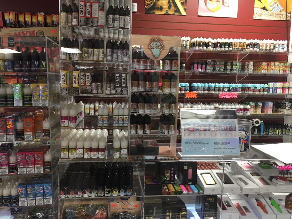 Vapers preferred flavors behind the counter at Wild Wild West Tobacco in Boyne City, MI. Photo by Robin TaChoir.